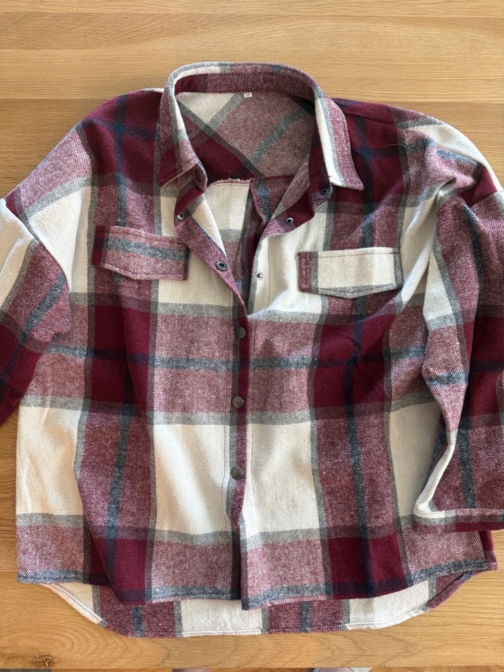 NWOT Plaid Snap-Front Shirt Jacket in Burgundy and Cream